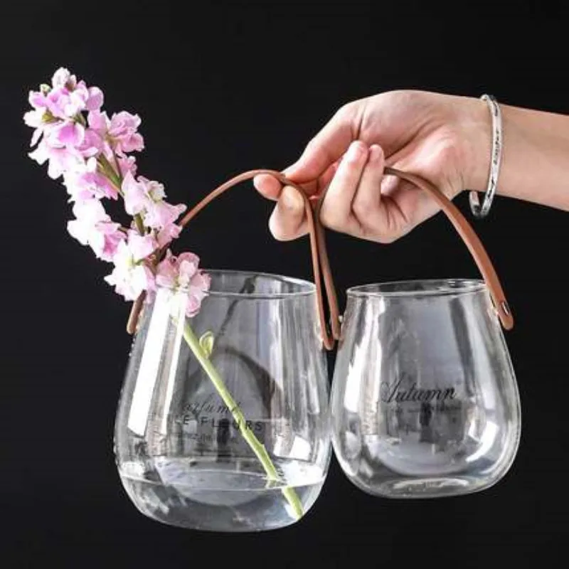 Nordic Modern Ins Leather Handle Glass Vase Creative Desktop Retro Design Transparent English Word | Дом и сад