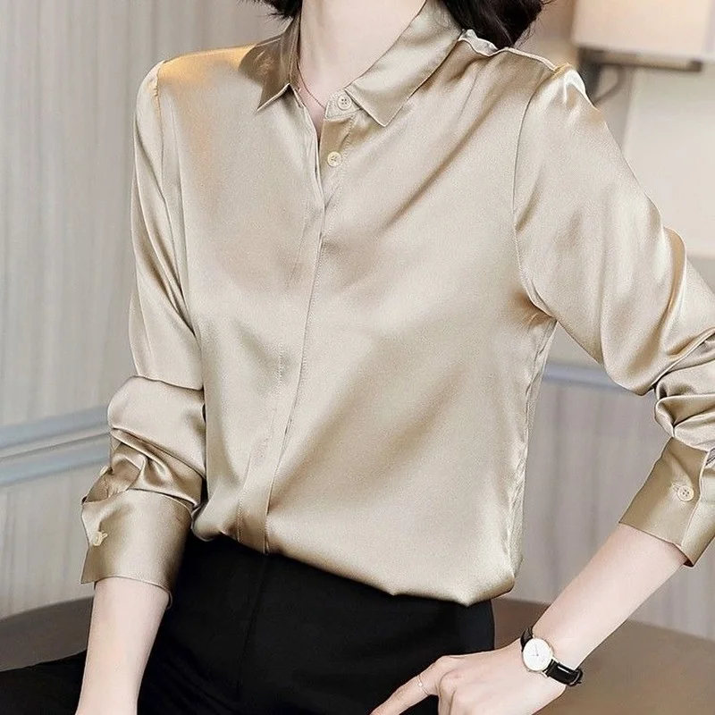 

Autumn Fashion Button Up Satin Silk Shirt Vintage Blouse Women Turndown Collar Office Ladies Long Sleeve Shirts Female X984