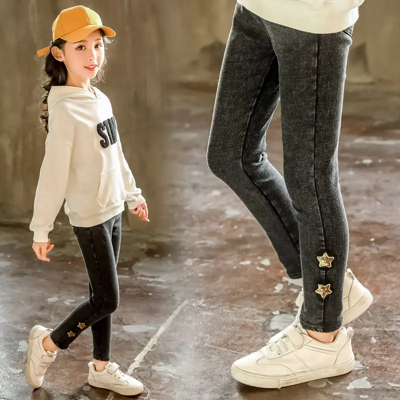 Винтажные детские джинсы из флиса со звездами и блестками для девочек Детские