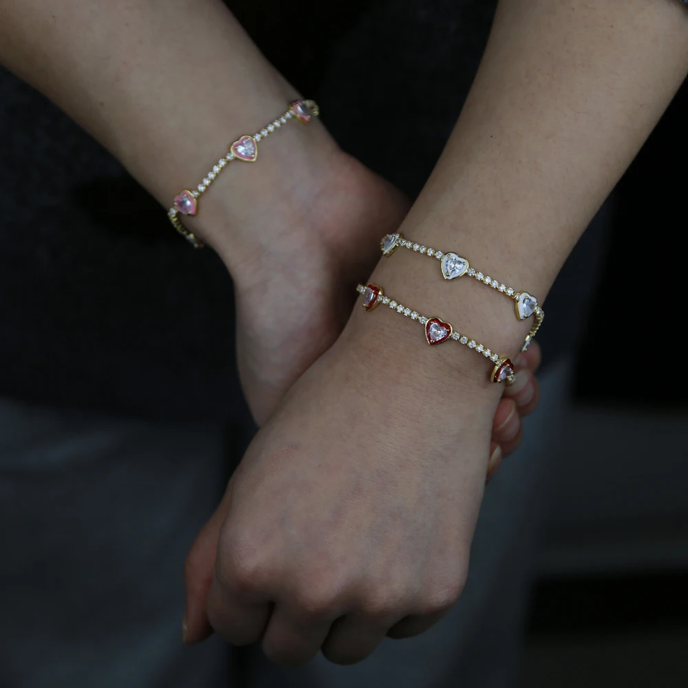 Pastel Enamel Heart Charm Cute Lovely Fashion Trendy Women Jewelry Tennis Chain Bracelet