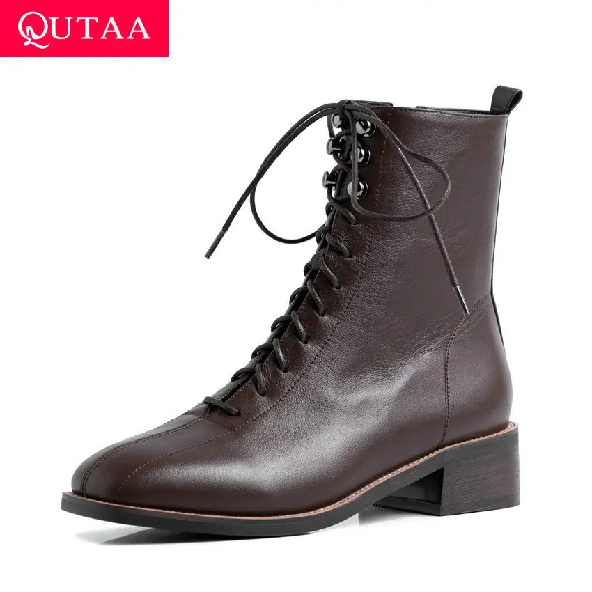 

QUTAA 2021 Cow Leather Quality Women Shoes Autumn Winter Square Med Heel Ankle Boots Lace Up Zipper Ladies Pumps Size 34-39