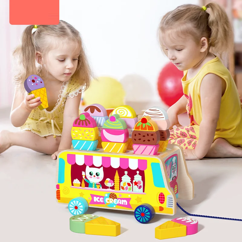 

Children's Educational Wooden Toys Children's Drag Ice Cream Truck Shape And Color Recognition Matching Trailer Game Kids Gifts