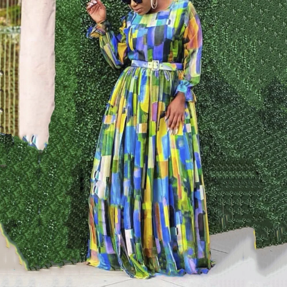 

В африканском стиле; Шифоновые платья для женщин с геометрическим рисунком, длинные рукава, принт с высокой талией пол Длина элегантное веч...