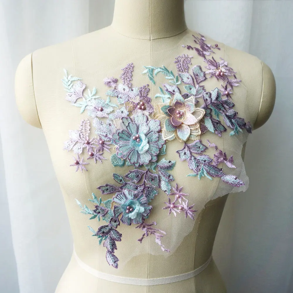 Фиолетовый красный синий кружевной ткани 3D цветок бисер стразы вышитое