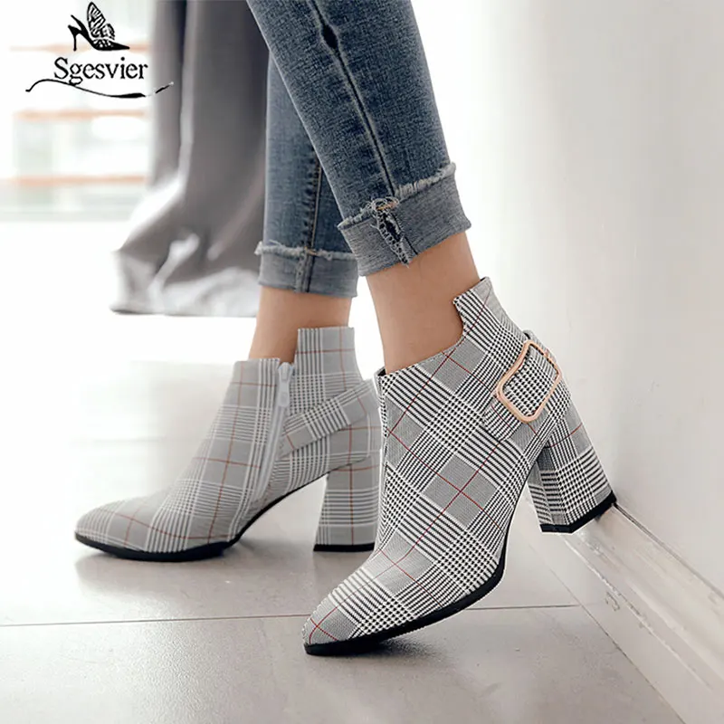 

Sgesvier 2020 Large Size Women Boots Fashion Plaid Pointed Toe High Heels Women's Shoes Sexy Autumn Winter Ankle Boots female