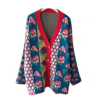 vintage flower knitted cardigan women long sleeve sweaters outwear coat casual loose warm sweater fashion tops female
