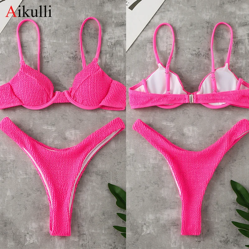 

2021 Ribbed Bikinis Thong Swimsuit Women Sexy Underwired Bra Cup Bikini set Push Up Bathing Suit Beach Swimming Biquini Swimwear