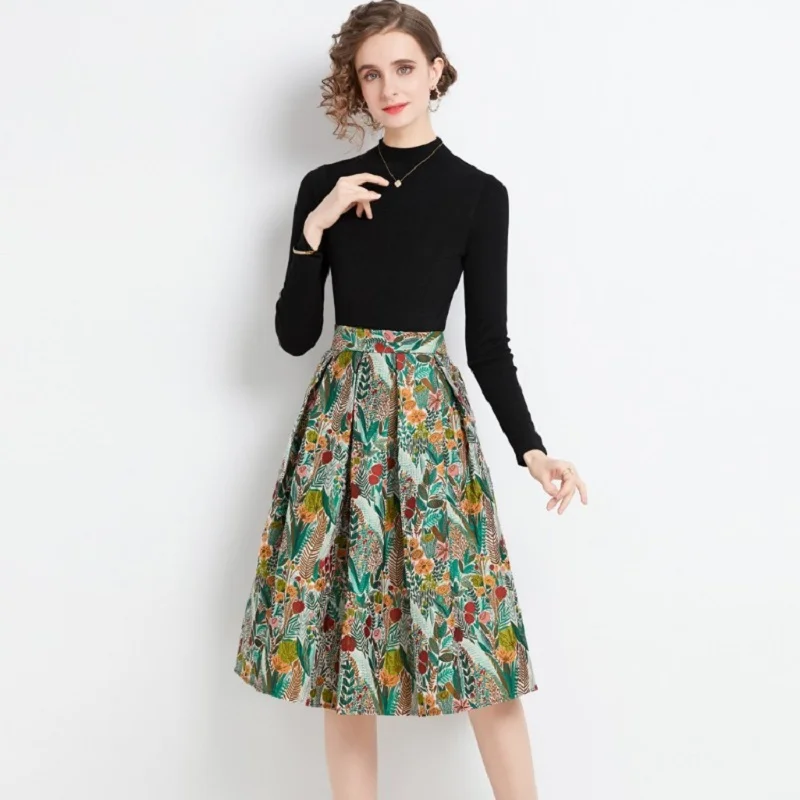 

Runway Spring Two Piece Set Lady Slim Knit Pullover Tops And Hepburn Jacquard Vintage A-Line Long Skirt Women Fashion Set