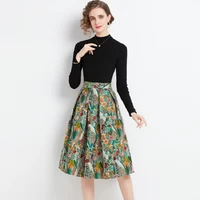 runway spring two piece set lady slim knit pullover tops and hepburn jacquard vintage a line long skirt women fashion set