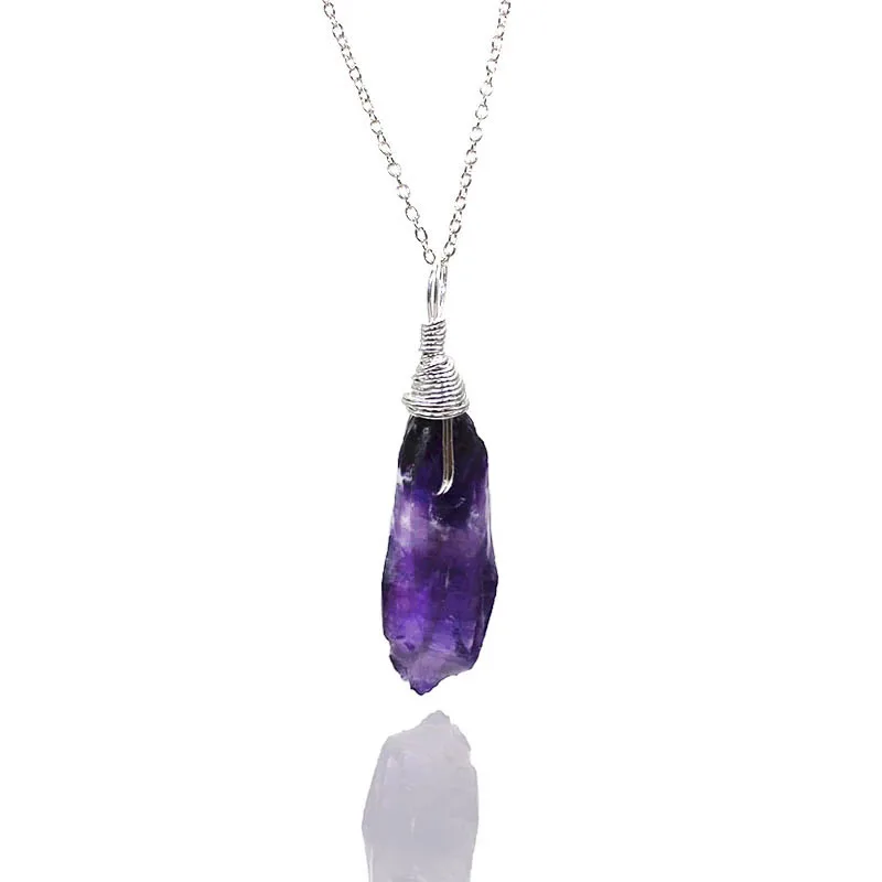 

Genuine Irregular Purple Crystal Pendant Wire Wrap Raw Stone Necklace Natural Healing Chakra Unpolished Amethyst Druzy For Women