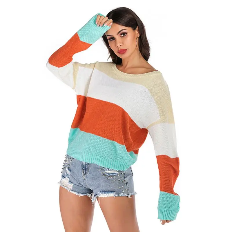 

Women Autumn Long Sleeve Sweater Color Block Patchwork Striped Pullover Tops Crew Neck Waffle Knitted Loose Jumper Shirts Street