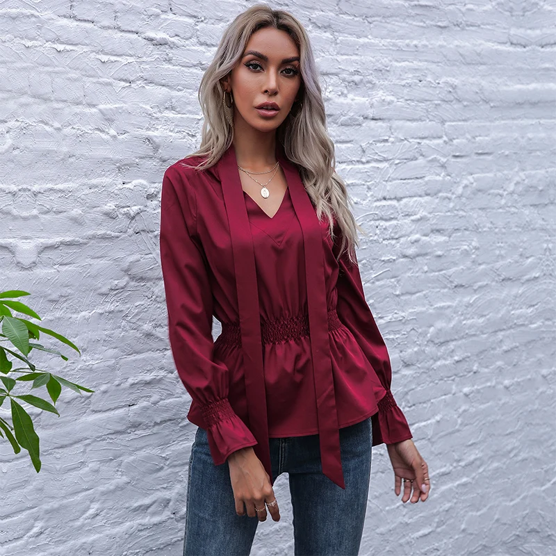 

2021 New Summer Women's Solid Color Scarf Collar Pullover Elastic Horn Long Sleeve Shirt Blouses Ladies Casual All Match Tops