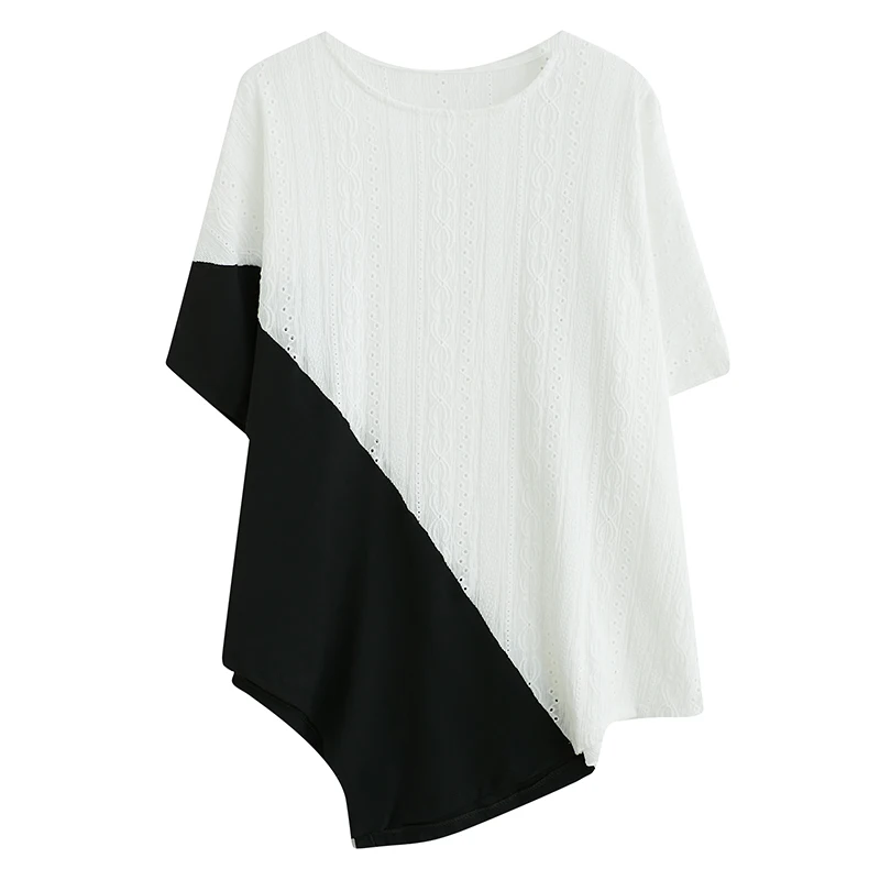 

BIG SIZE Summer Women Fashion Color Block Tops Tee Ladies Female Plus Large Short Sleeve Cotton Loose Irregular T Shirt Tshirt