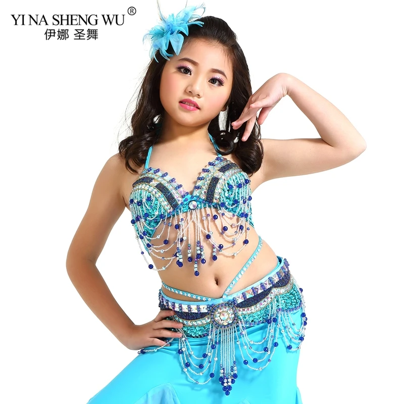 SkyBlue-2pc-Bra-Belt Детские танцевальные костюмы, комплект для девочек, Восточный танец живота, расшитый бисером, с кисточками, новая детская одежда для сцены, танцевальная одежда, комплект из 2 предметов/3 шт - Цвет: SkyBlue-2pc-Bra-Belt