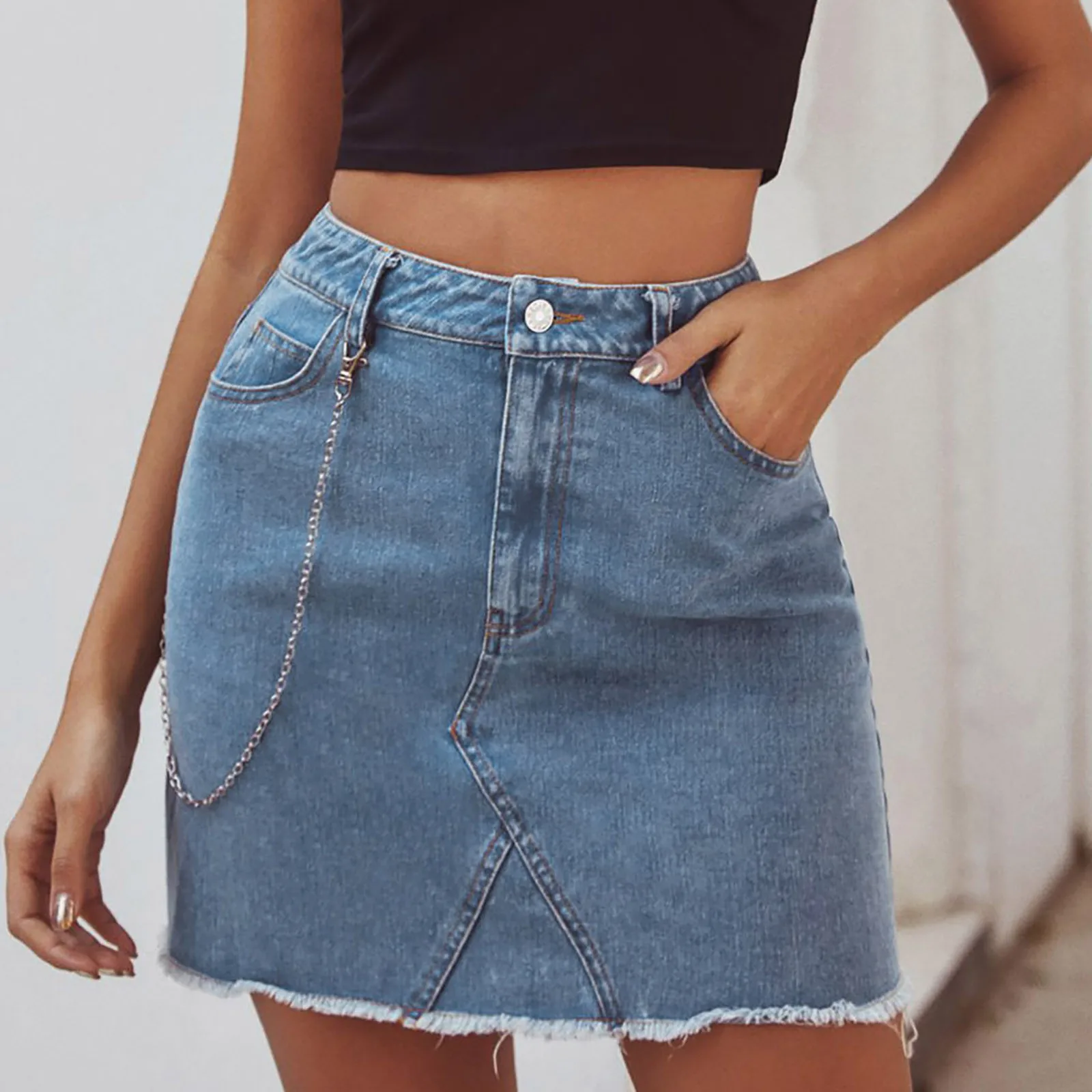 

Sexy Bodycon Mini Skirt Women's High Waist Short Chain All-match Stitching Retro Denim Pencil Skirt With Pocket mujer faldas