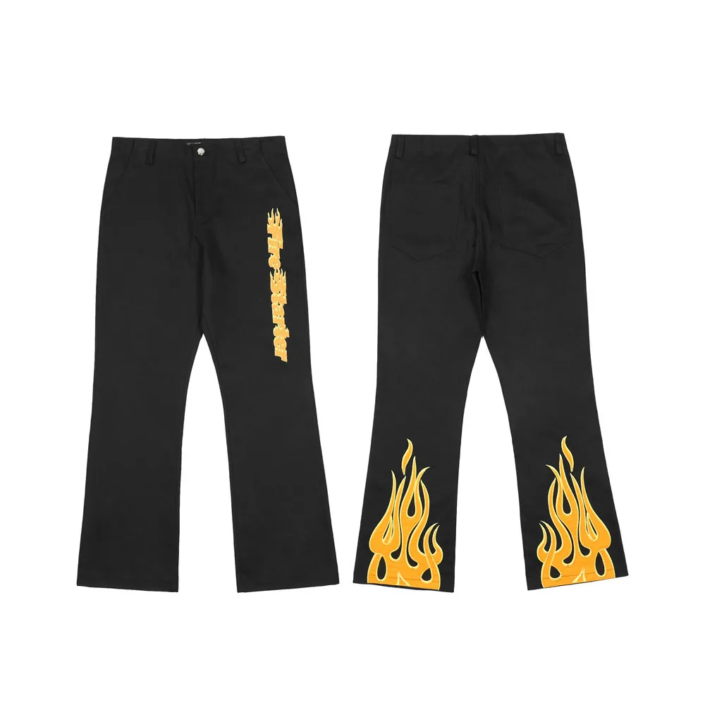 2021 New Arrival Yellow Flame Print Straight Men Baggy Jeans Pants Black Cotton Hip Hop Oversize Denim Trousers Pantalon Homme