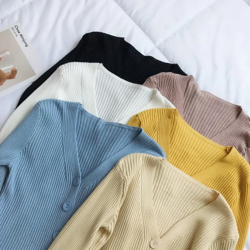 2019 осенний вязаный черно-белый женский кардиган с 4 пуговицами и v-образным