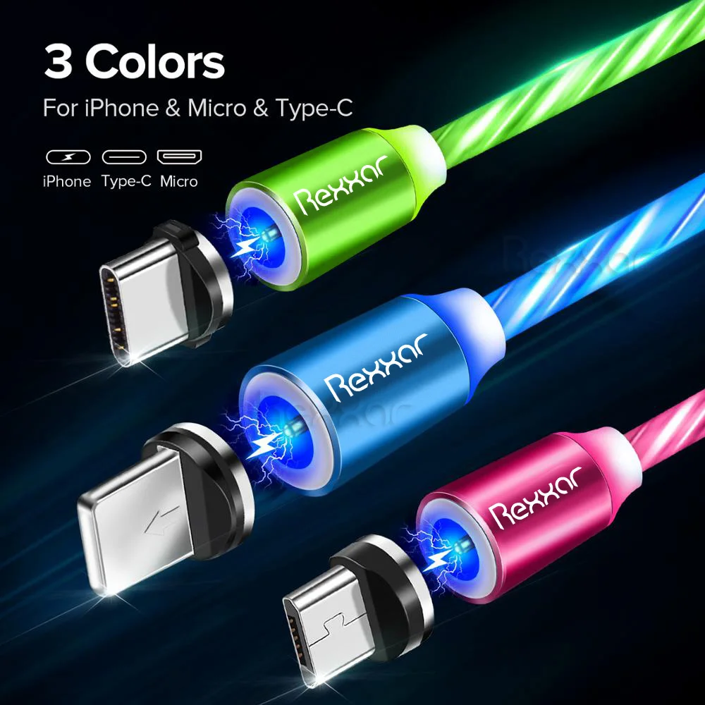 Rexxar Магнитный кабель type C Micro USB светодиодный магнитный usb-кабель для зарядки для Apple IPhone X 7 8 6 Xs Max XR samsung s9 Xiaomi шнур