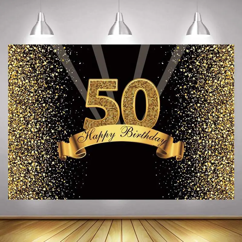 

50th Photo Backdrop Lady Men Happy Birthday Party Custom Flower Gold Champagne Decoration Photography Backgrounds Banner