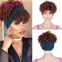 short afro puff kinky curly drawstring ponytail with bangs synthetic turban headwrap 2 in 1 wig for black women