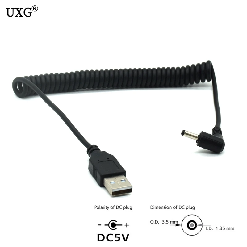 

90 Angle PC USB Male To 5V DC 3.5mm X 1.35mm Barrel Connector Telescopic Spring Power Cable Cord Adapter 1m