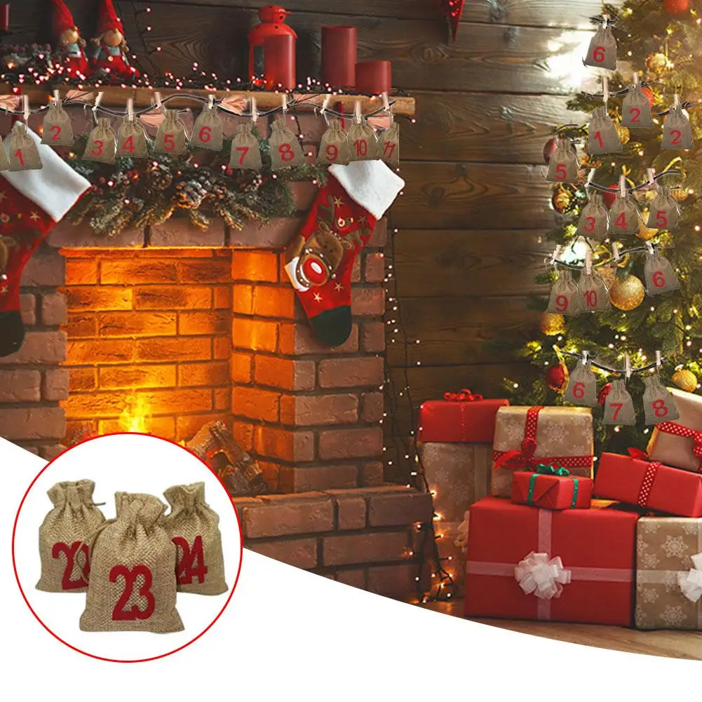 24 шт. Рождественский узор конфетная сумка 1-24 календарь Комплект из хлопка и льна