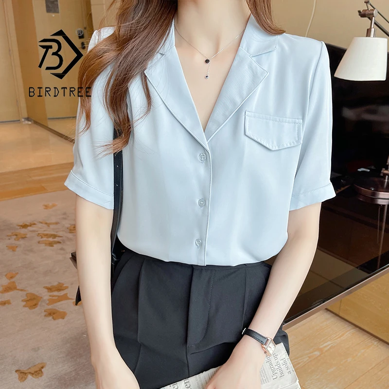 

Элегантные летние рубашки, короткий рукав, зазубренный воротник, карман, новый однотонный Свободный пуловер, блузки, женские офисные Топы ...