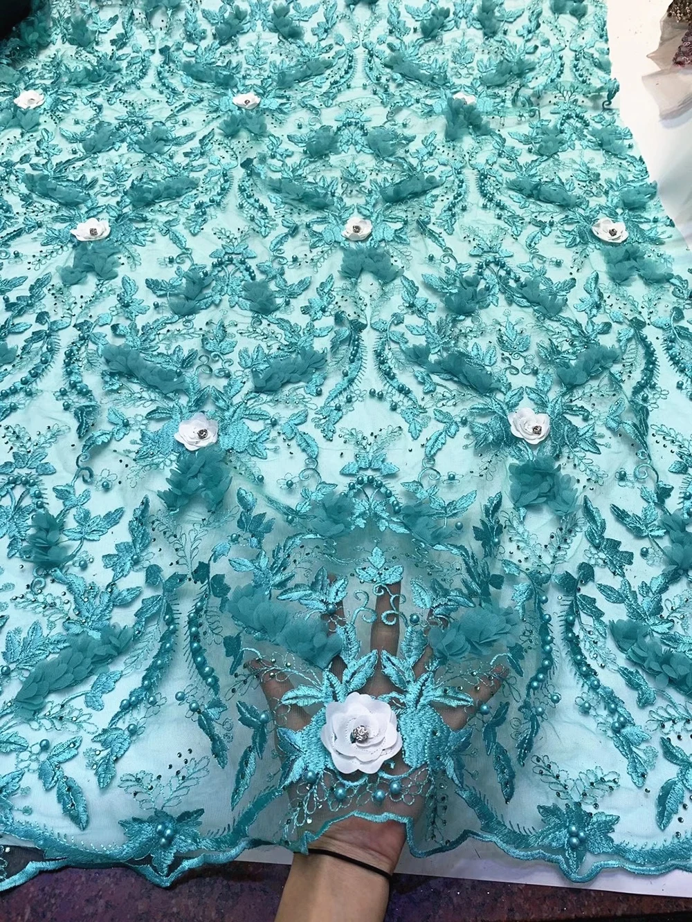 

Anna latest africa green lace fabric embroidery with beads and rhinestones french net laces 3d applique fabrics for dress sewing