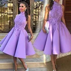 Светильник-фиолетовое платье с высокой горловиной, искусственное кружево, атласное, короткое платье длиной ниже колена для вечеринки и выпускного вечера, аппликации на заказ Mdae