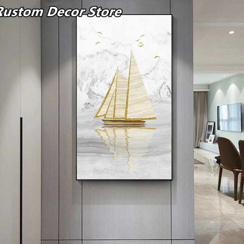 Абстрактная Золотая парусная лодка холст живопись минималистичный пейзаж