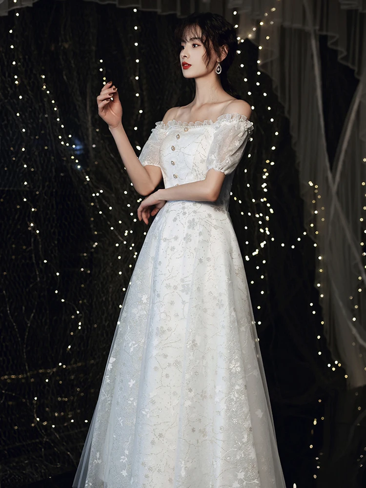 

Elegant Clear Spaghetti Strap Off Shoulder Slim Evening Dress Fashion Simple Puff Sleeve Ankle Length Prom Party Gown