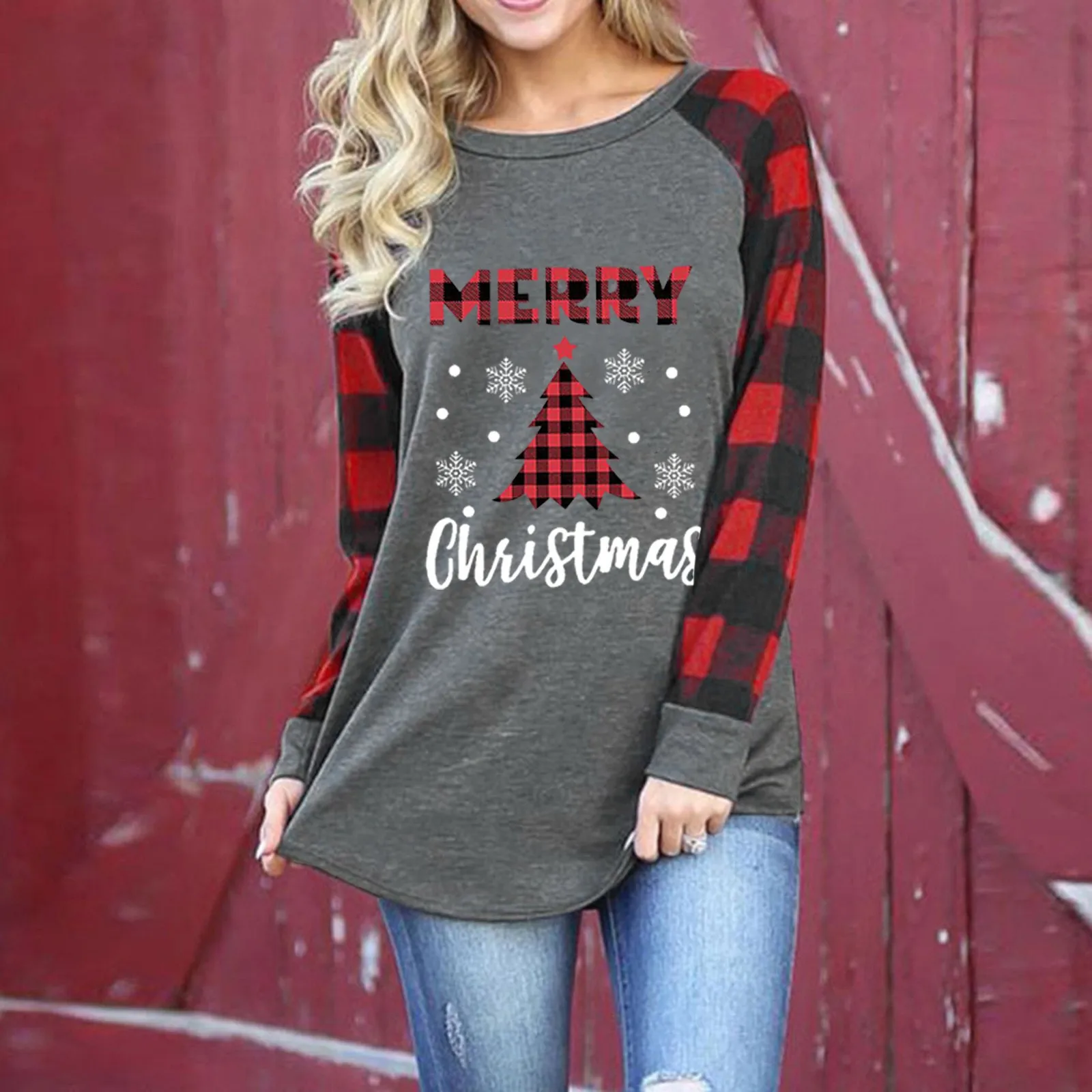 

Women Harajuku T-shirt Lattice Christmas Tree Fashion Christmas Casual O-neck Plaid Splicing Printing Long Sleeve Top Blusa