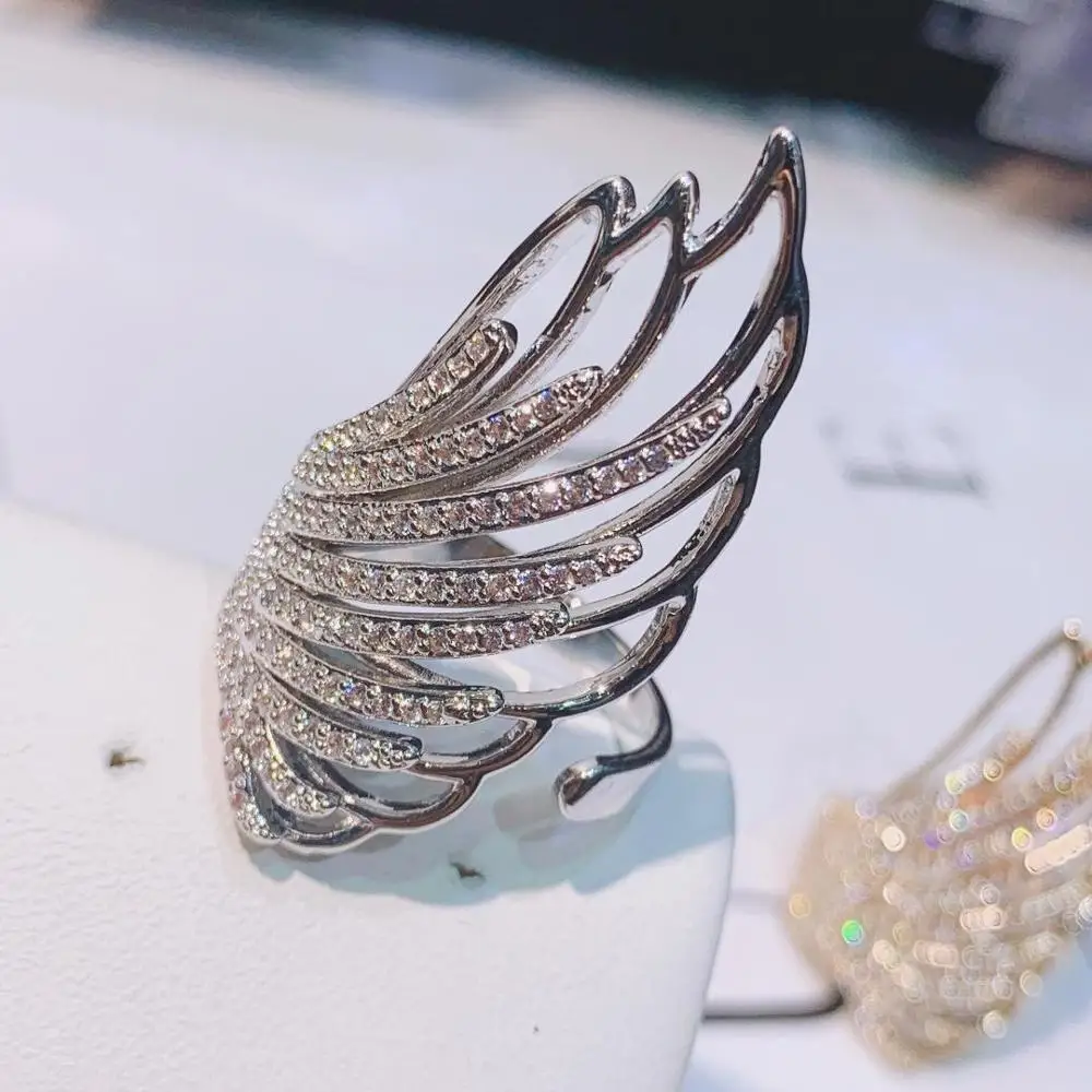 HIBRIDE Wing Feather Design Long Full Finger Luxury Cubic Zircon Women Wedding Engagement Party Wrap Ring Jewelry Bijoux R-172 |