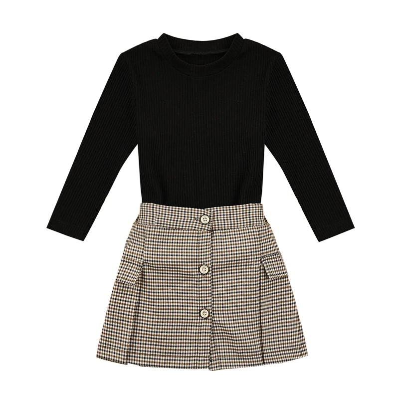 

2-7Y Fashion Kids Girls Autumn Clothes Sets 2pcs Knit Long Sleeve Solid Sweater Tops+Plaid A-Line Skirts Kids Tracksuit Outfits