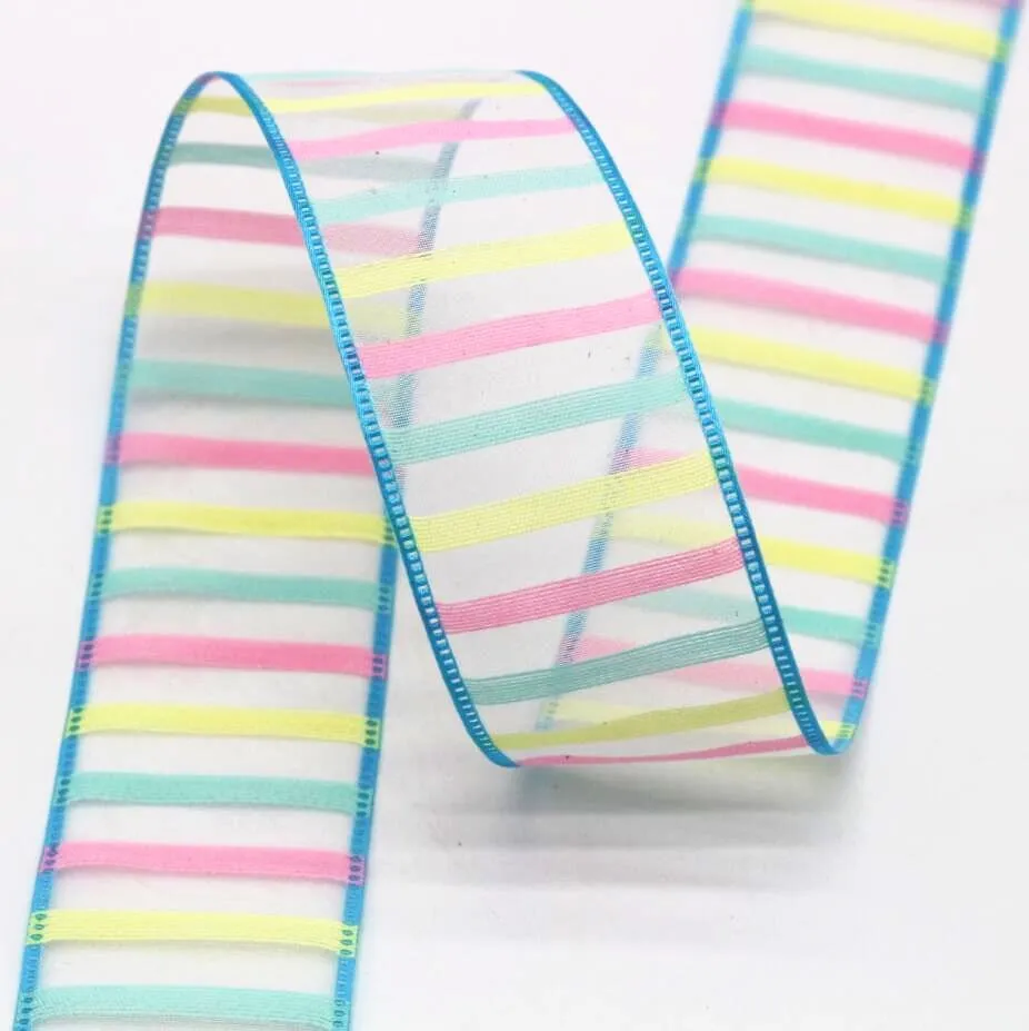 38 мм цвет горизонтальный полосатый фатин кружева ленты 10y 20y DIY ручной работы материал головной убор волос Лук Свадебные украшения Радуга - Color: 5