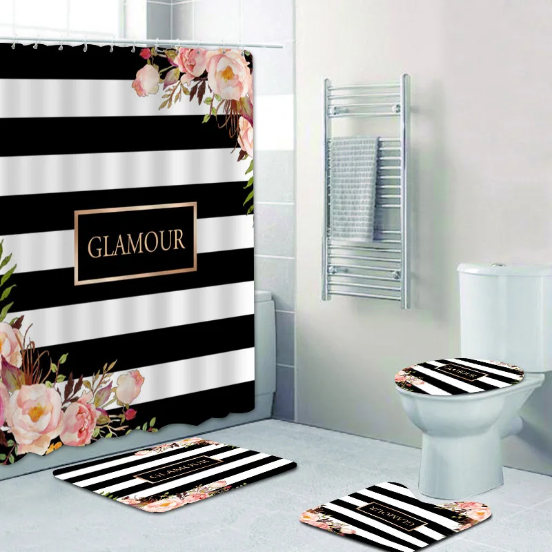 Classy Black White Stripes Floral Shower Curtain Set Elegant Personalised Bath Curtain for Bathroom Mats Rugs Bathtub Home Decor