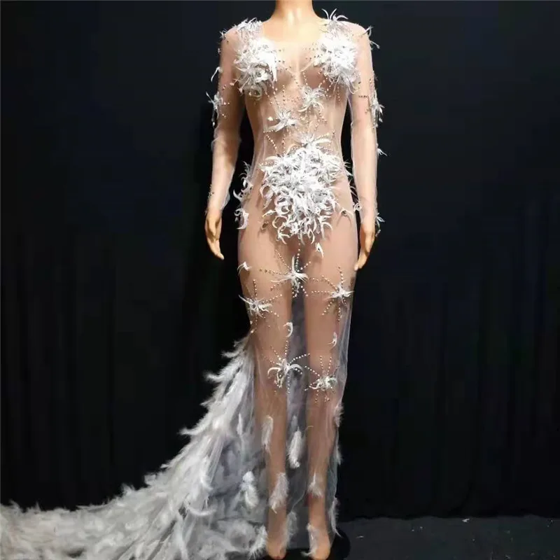 

T35 Sexy see-through eveing feather long dress mesh perspective mermaid skirt stage dance costumes party wears singer outfit dj