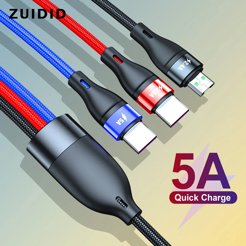 

3 in 1 Magnetic Charger Cable 5A Fast Charging Data Wire Micro USB Type C Cord For iPhone 12 Pro Max Xiaomi 11 Samsung S21 S20