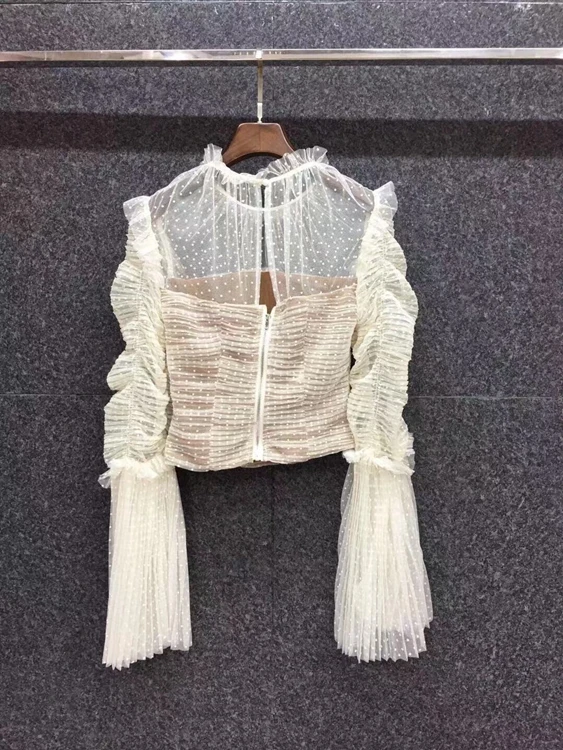 

Early spring 2021 new women's round neck wave dot mesh pleated stitching perspective wrinkled long sleeve top 303