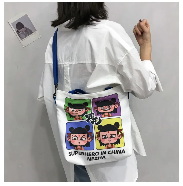 Nezha Cartoon bag Women Big Capacity Canvas Bag Vintage Zipper Flap Ladies Shoulder Messenger Crossbody Bags Bolsos | Багаж и сумки