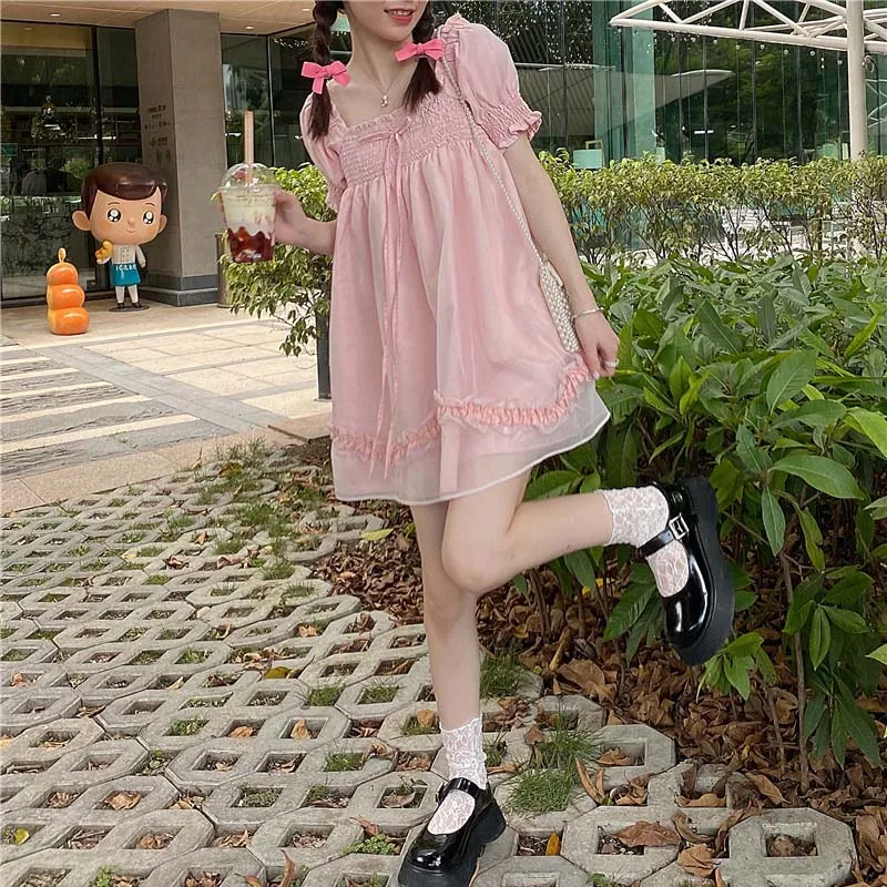

2021 Women Japanese Puff Sleeve Girly Pink Summer Dresses Lace Stitching Streetwear Kawaii Cute Lolita Dress French Sweet Dress