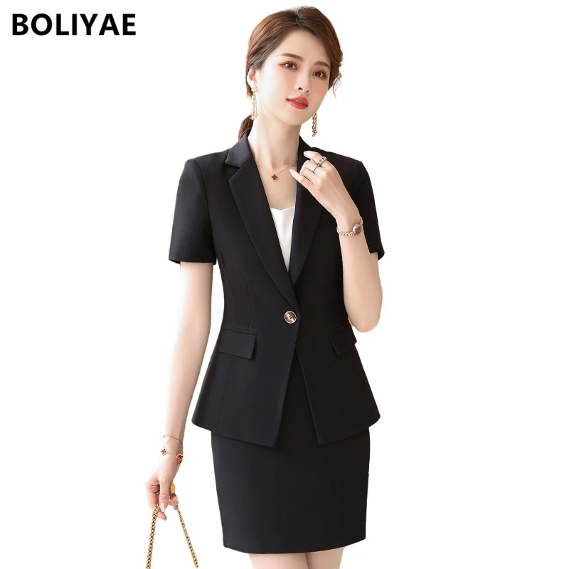 Boliyae Women Suits with Skirt 2 Piece Set 2021 New Summer Fashion Short Sleeve Blazer Femme Slim Office Jacket Trf Work Clothes