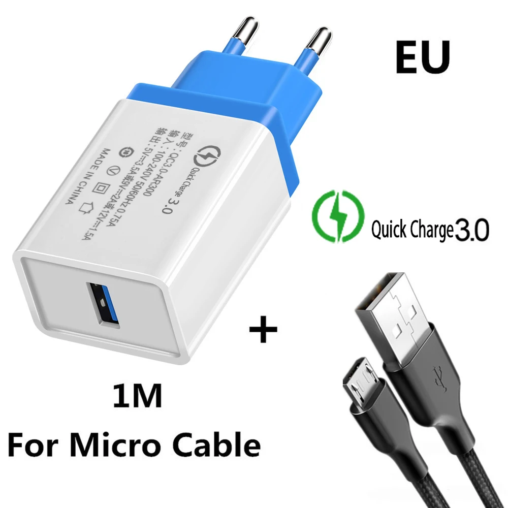 Blue 18 Вт ЕС/США Быстрая зарядка QC 3,0 USB телефонный кабель для зарядного устройства быстрое зарядное устройство настенное зарядное устройство для samsung Xiaomi huawei Android микро-кабели - Тип штекера: Blue