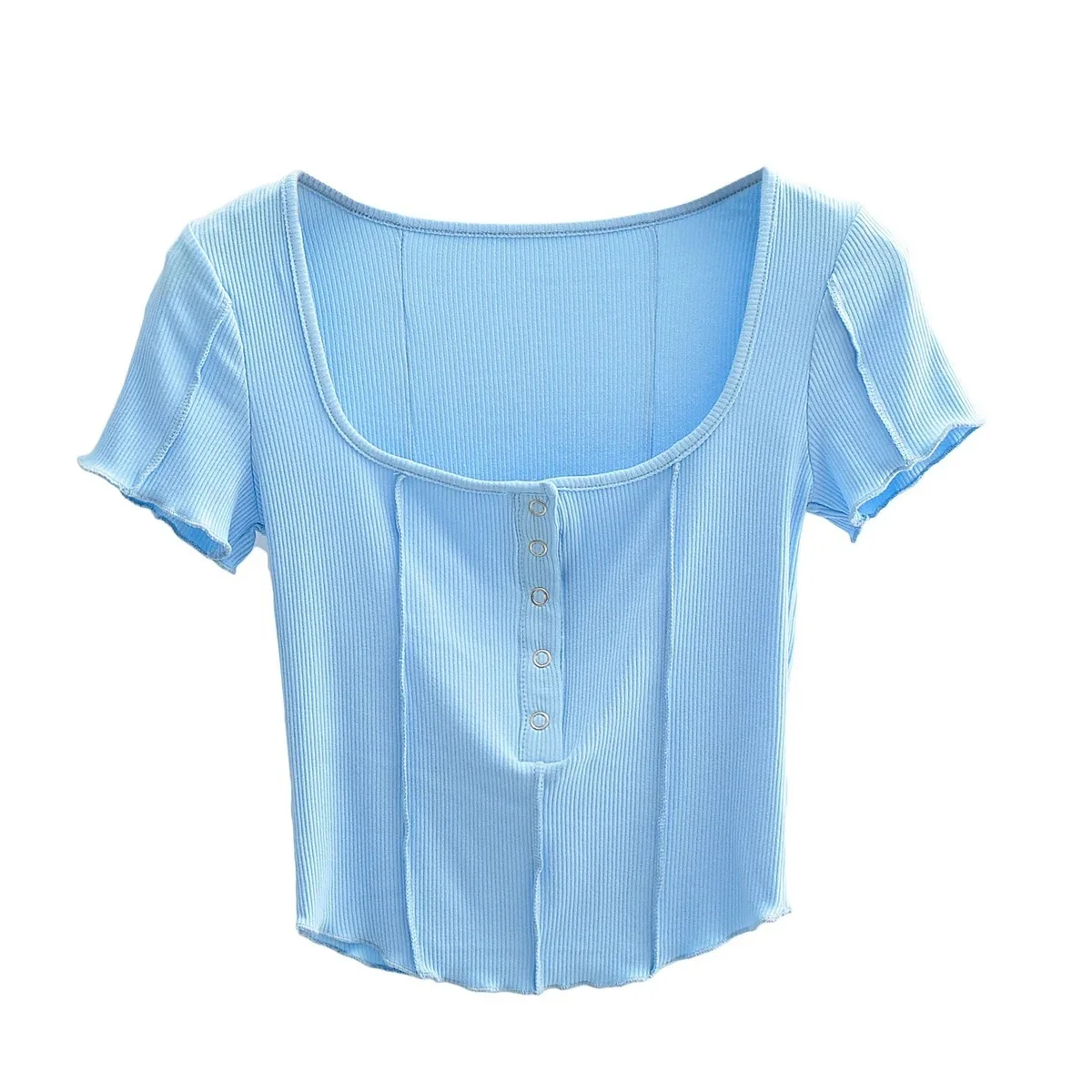 

WOMENGAGA Solid Color Short Sleeve Half Open Collar Slim Short Tops Summer Fashion Trend Reverse Line Women T-shirt 518N