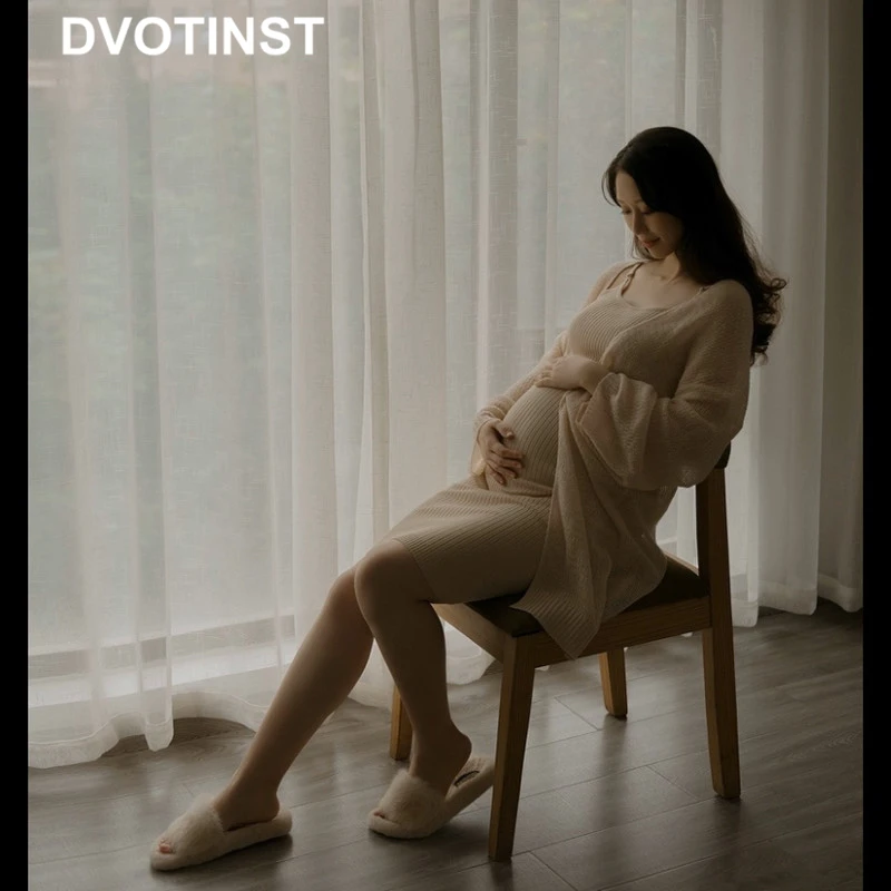 Dvotinst Women Photography Props Maternity Dresses Pregnancy Elegant Dress Bodysuits Cardigans 2pcs Studio Photoshoot Clothes enlarge