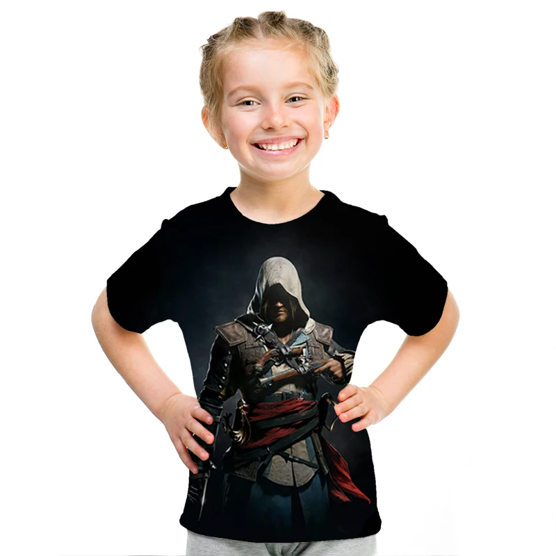 Летние детские футболки топы с 3d принтом assassins creed, повседневные Мальчики Девочки футболки, костюм Харадзюку хип-хоп Уличная одежда, футболки с аниме