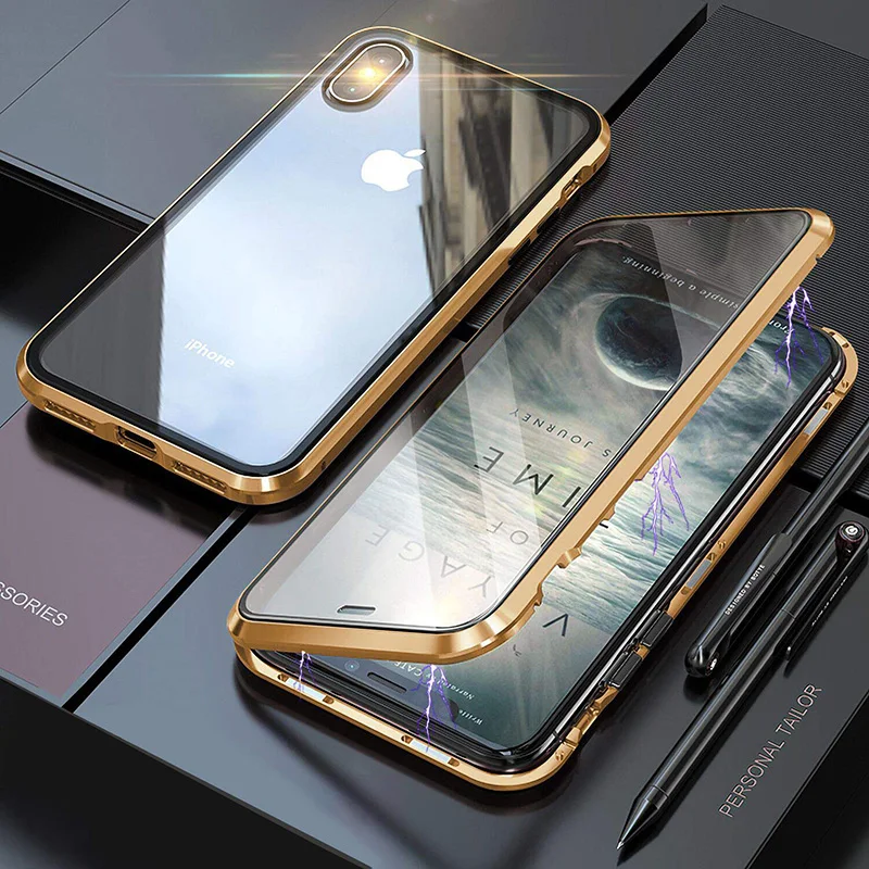 Luxury Double sided glass Magnetic Adsorption Metal Phone Case For iPhone X XS XR Max 8 7 6 6S Plus Cover 360 Full Protection | Мобильные
