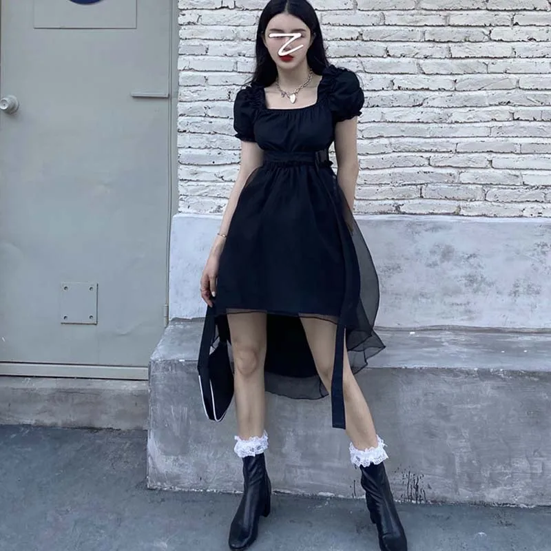 

Gothic Black Women Chic Dress Square Collar Lolita Princess Puff Dress Summer Slim Waist Irregular Girl Short Sleeve Mini Dress