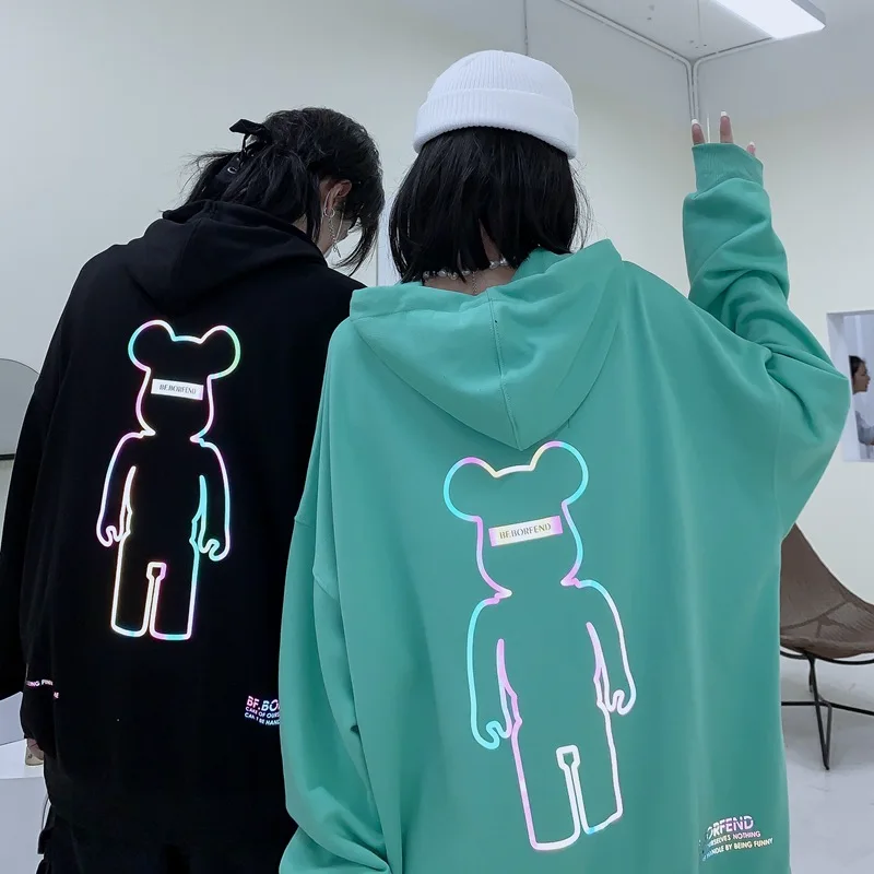 

Hip Hop Streetwear Hoodies Sweatshirt Pullover Reflective Bear Print Couple Hoodies Colorful Laser Loose Hooded Sweatshirts Men