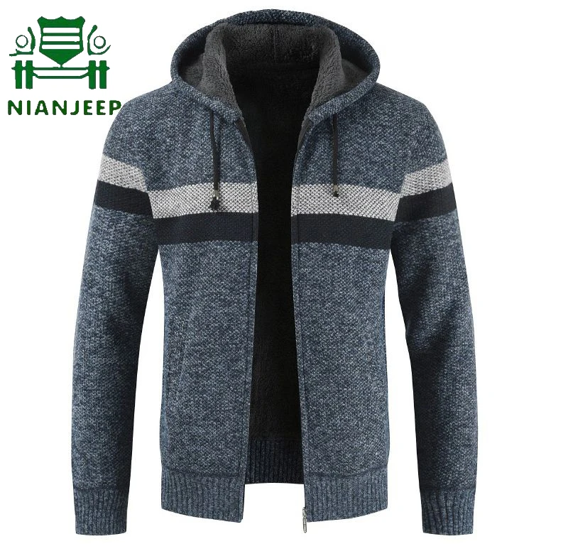 Осенне зимний свитер мужской толстый теплый кардиган с капюшоном 2019 полосатый